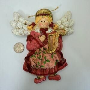 Vintage‎ Christmas Angel Ornament Harp Crackle Wings Glitter Holiday Tree Decor